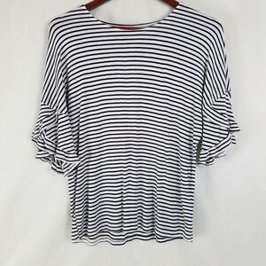 Jolie Shirt Womens Medium White Black Striped Top Short Sleeve Round‎ Neck